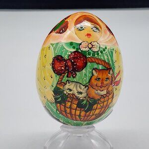 Hand Painted Russian Nesting Doll Egg Woman Cats in Basket Wood 3"